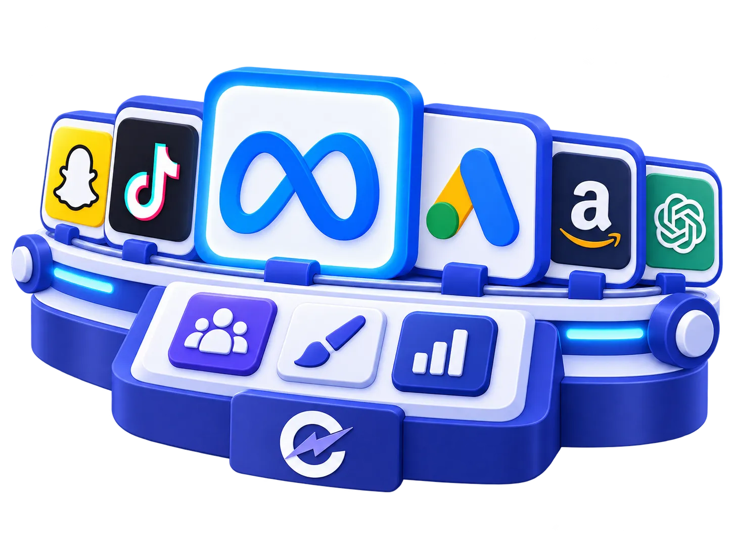 A connected advertising console showing Snapchat, TikTok, Meta, Google Ads, Amazon and OpenAI together above controls for audiences, creative and performance.