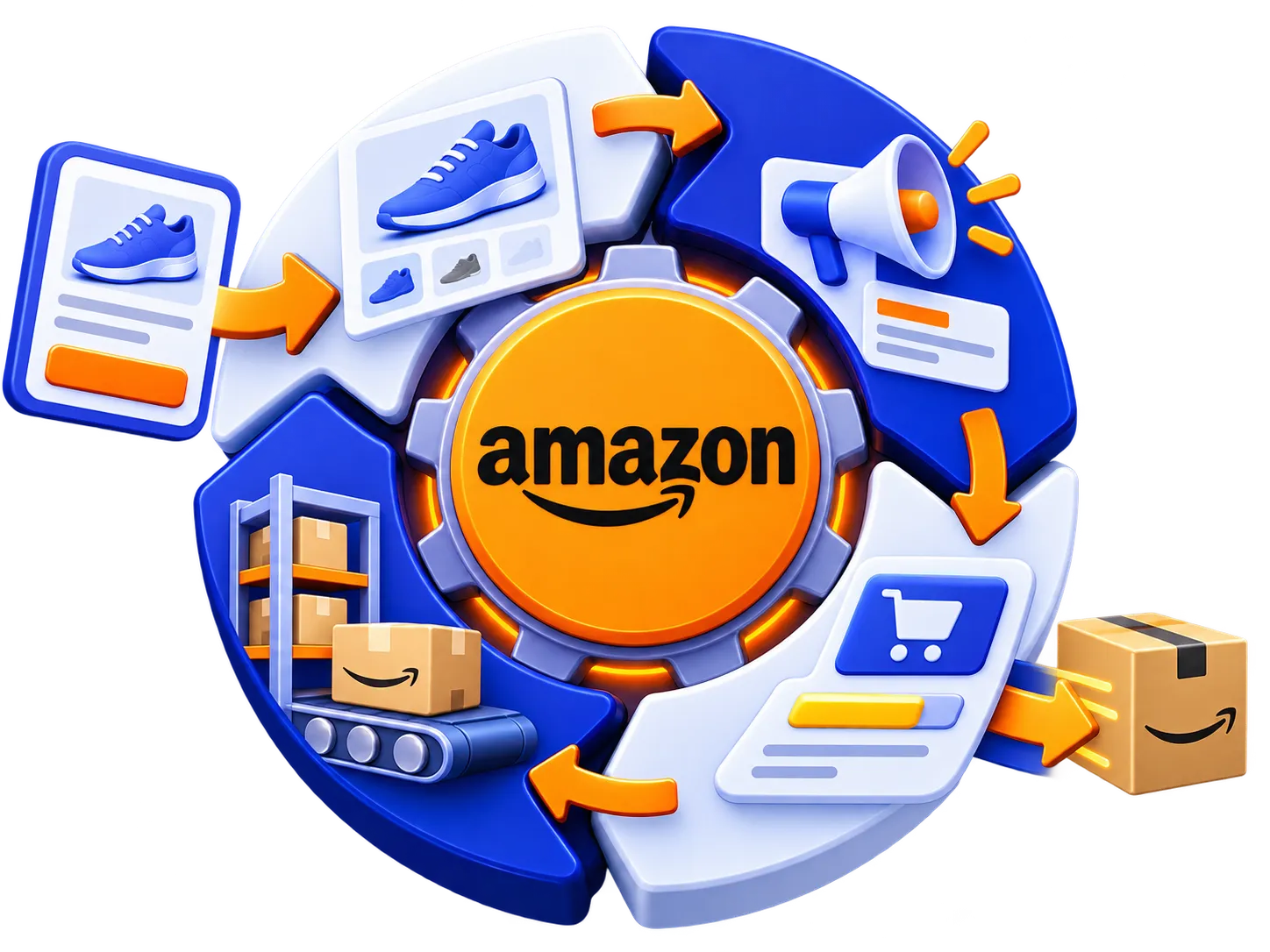 An Amazon listing under a magnifying glass, with a rising sales chart and stacks of coins inside it, between one panel showing search and ranking and another showing price, stock and account health.