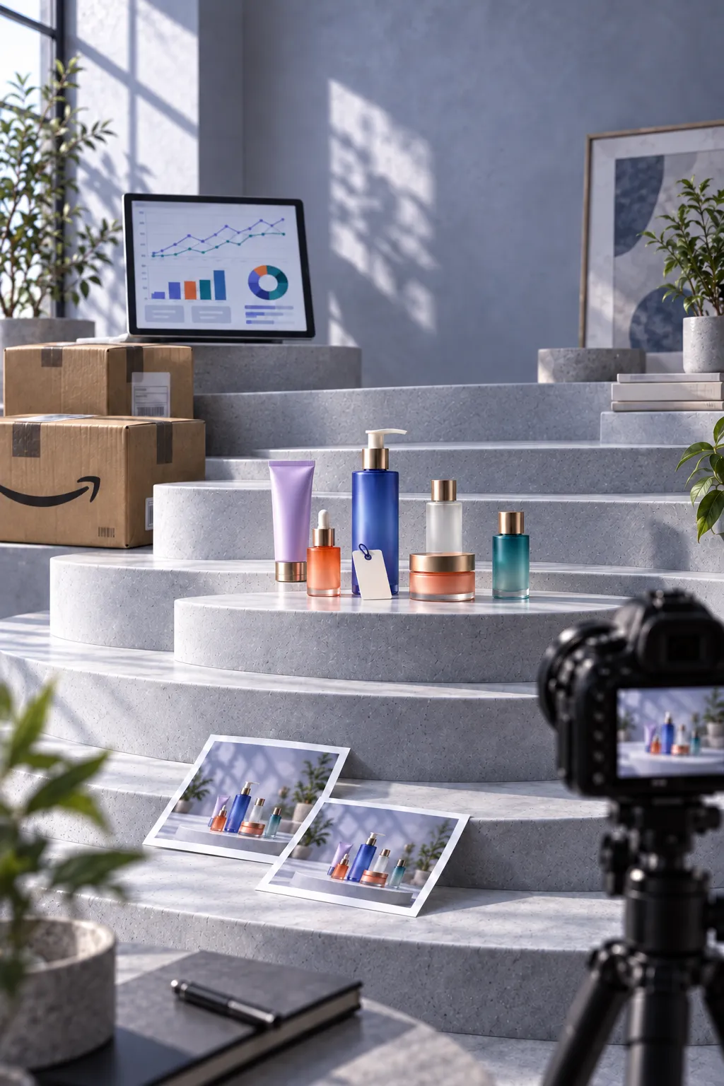 A range of skincare products on stepped stone plinths, with a price tag, a camera filming them, stock boxes and a tablet of sales charts.