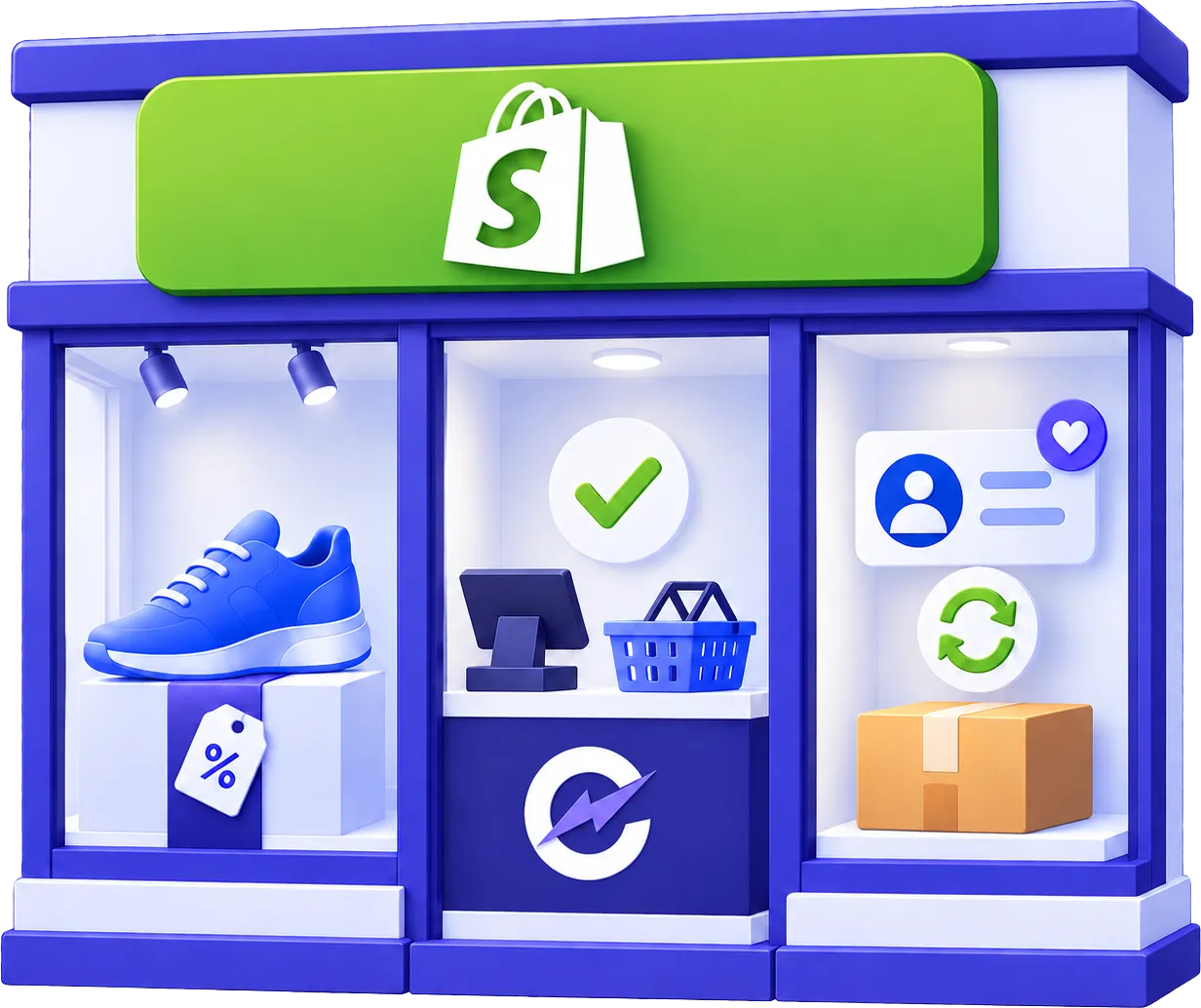 A shopfront with the Shopify bag on its sign. In the left window a trainer on a plinth with a discount tag, in the centre a till, a basket and a green tick above a counter carrying the eSellerater mark, and on the right a customer card with a heart, a repeat arrow and a parcel.