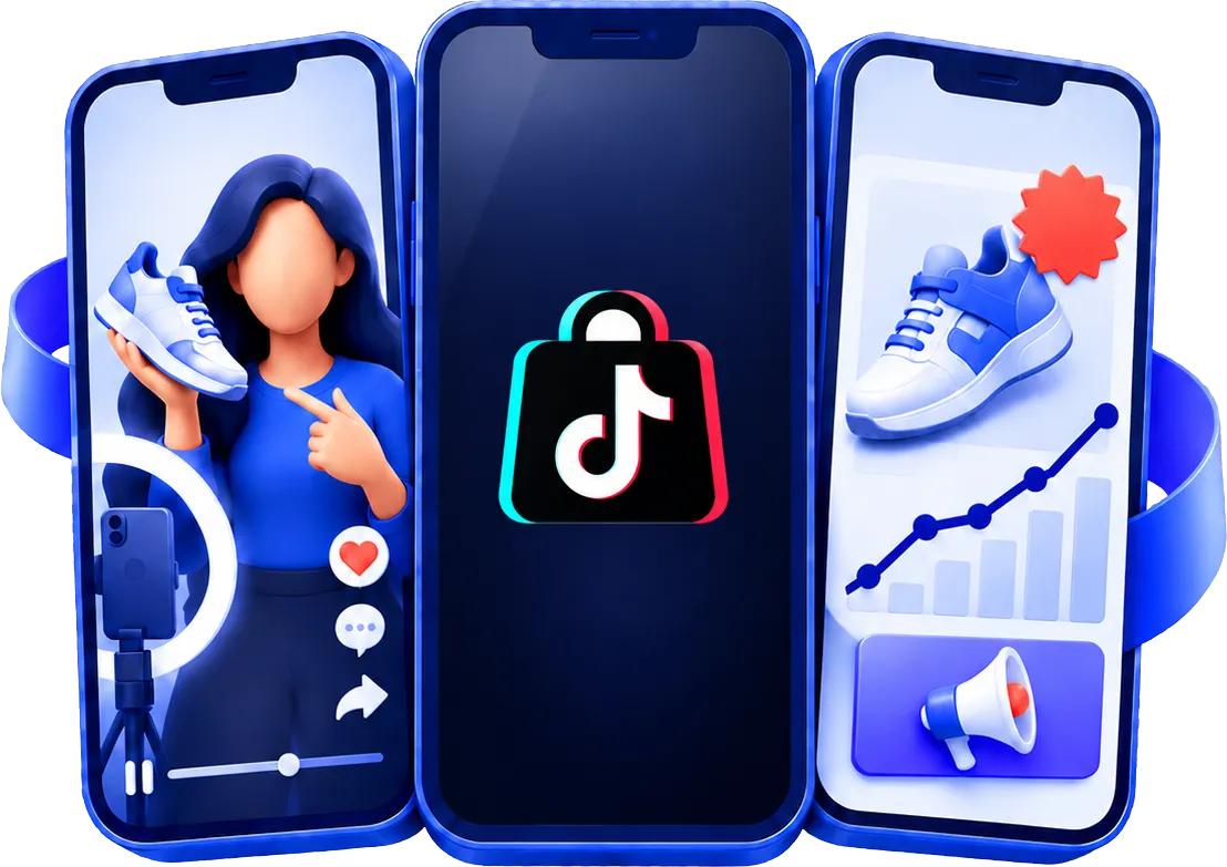 Three phones side by side. On the left a creator films herself holding a trainer, with a ring light and like, comment and share icons. In the centre the TikTok Shop bag logo on a dark screen. On the right a product card with a sale badge, a rising sales chart and a megaphone button. A ribbon wraps behind all three.